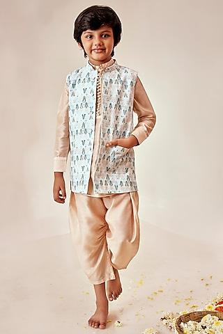 golden kurta set with bundi jacket for boys