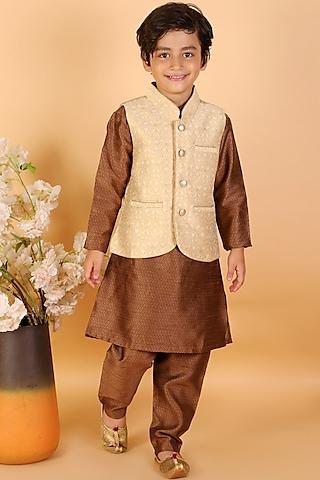 golden kurta set with nehru jacket for boys