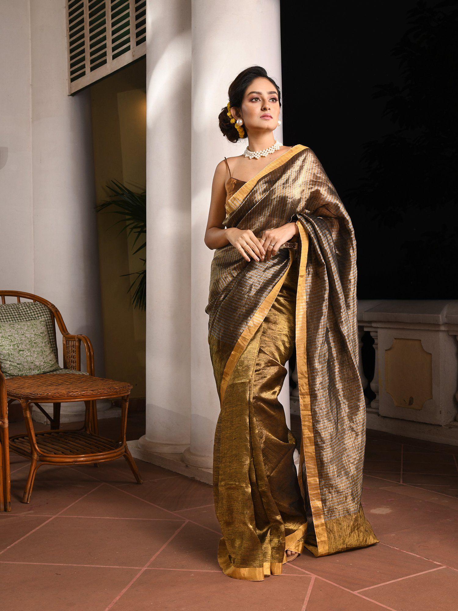 golden linen with pallu silver zari check handwoven tissue saree with unstitched blouse