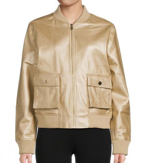 golden metallic faux leather bomber jacket