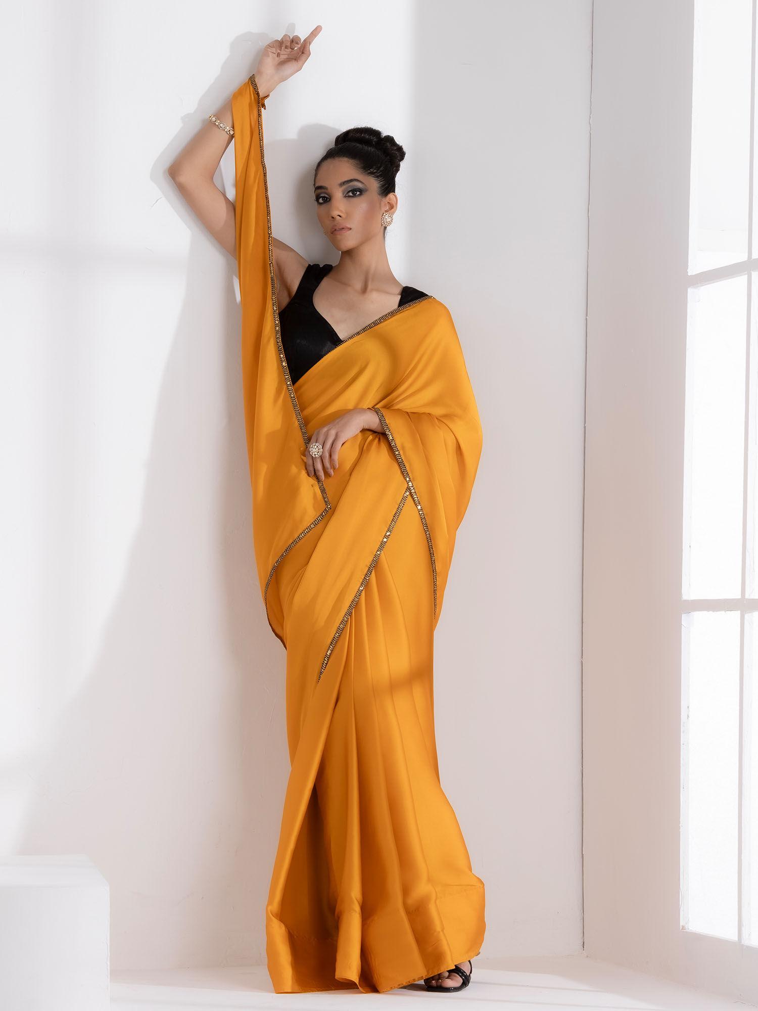 golden mustard satin saree with lace & without blouse