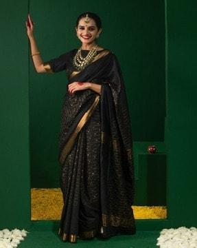 golden noir saree with zari checks and stripe blouse fabric saree