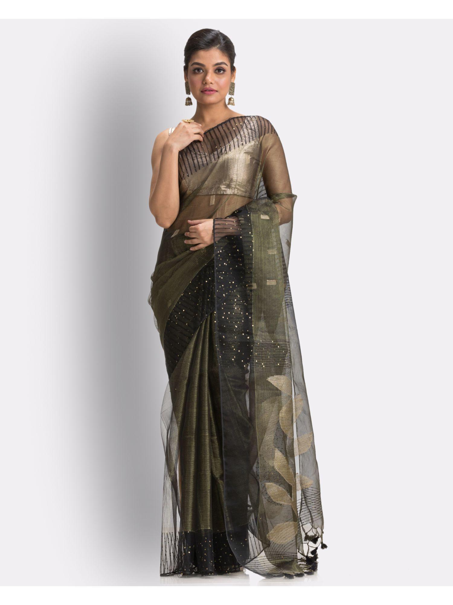 golden olive art silk muslin handloom jamdani saree with unstitched blouse