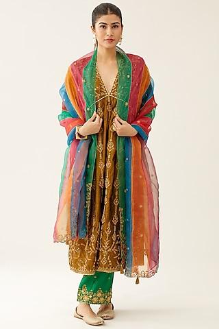 golden olive silk thread embroidered kurta set