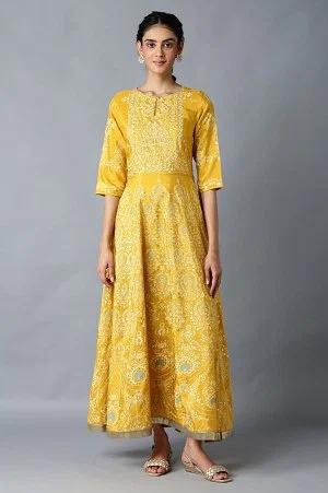 golden orange floral print indie dress