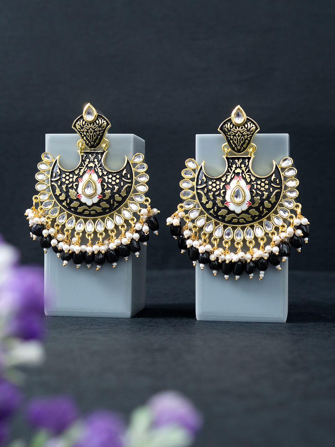 golden peacock gold-toned & black enamelled crescent shaped chandbalis earrings