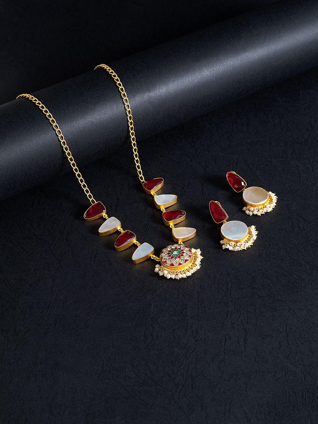 golden peacock gold-toned & maroon mother of pearls stones studded meenakari jewellery set