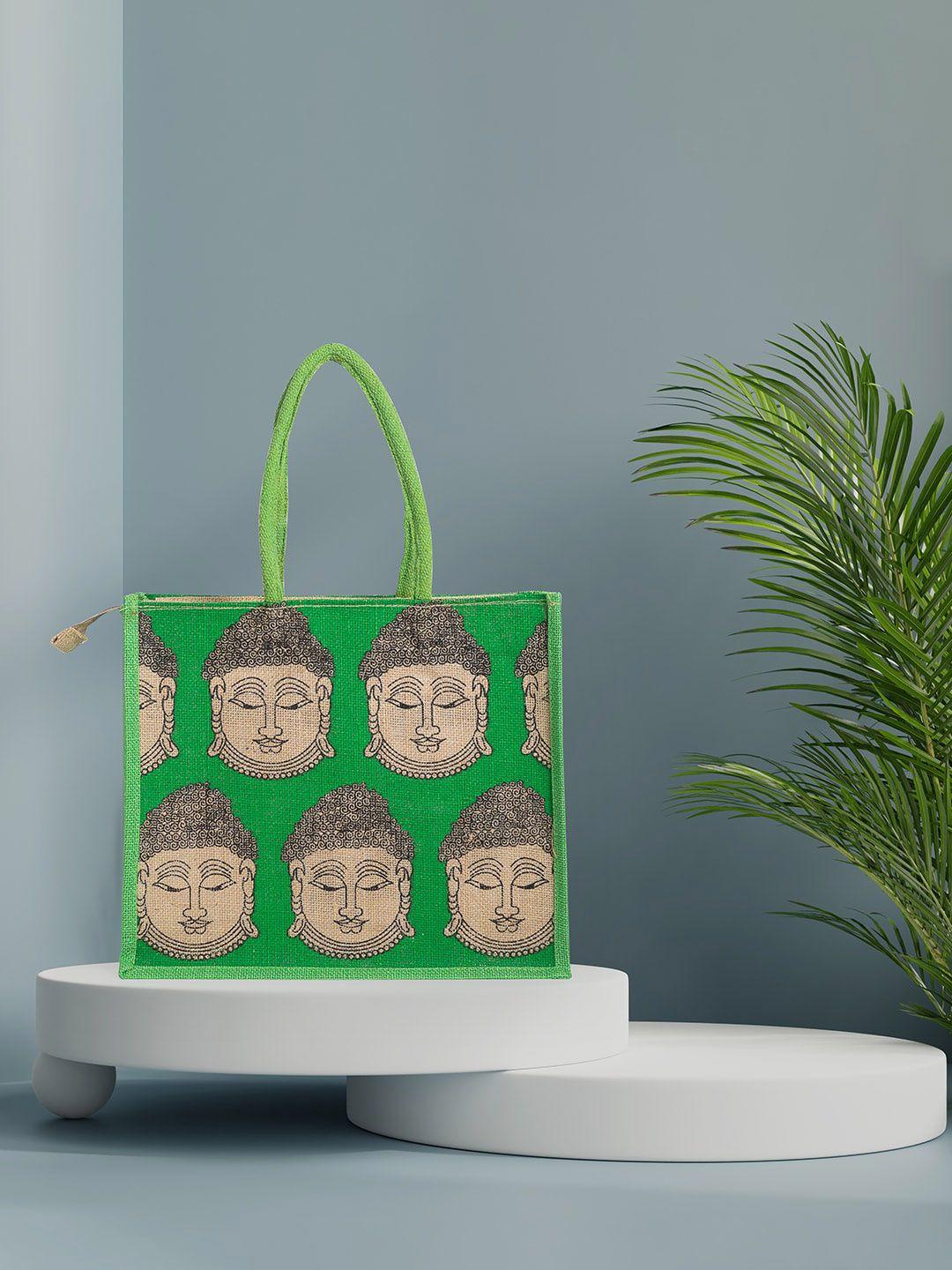 golden peacock green multi purpose eco-friendly printed jute shopper tote bags