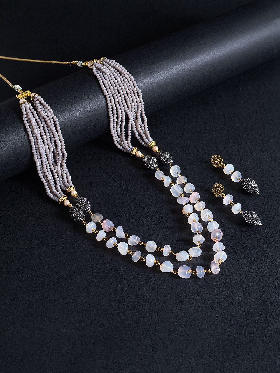 golden peacock grey & off white layered beaded jewellery set