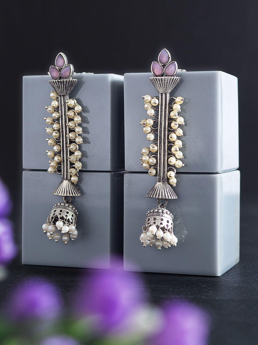 golden peacock lavender & silver-toned contemporary drop earrings