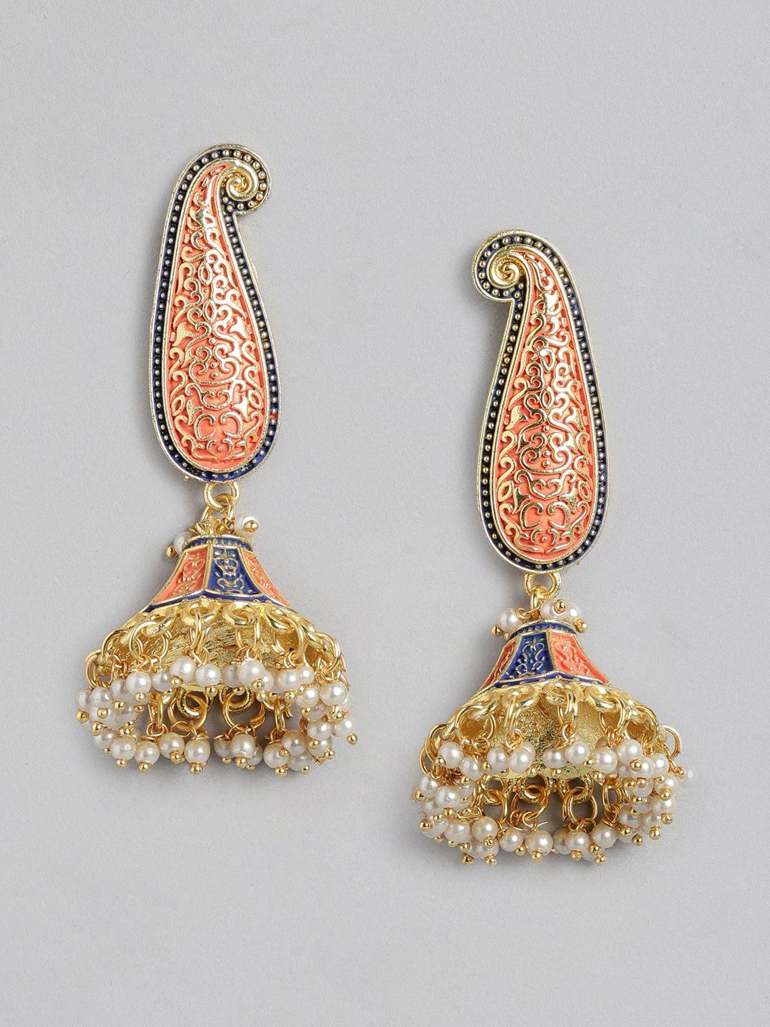 golden peacock peach-coloured & blue paisley shaped jhumkas earrings