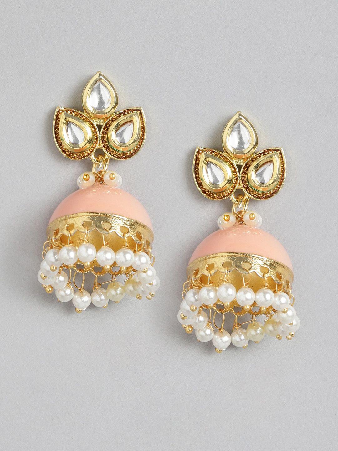 golden peacock peach-coloured & white dome shaped jhumkas earrings