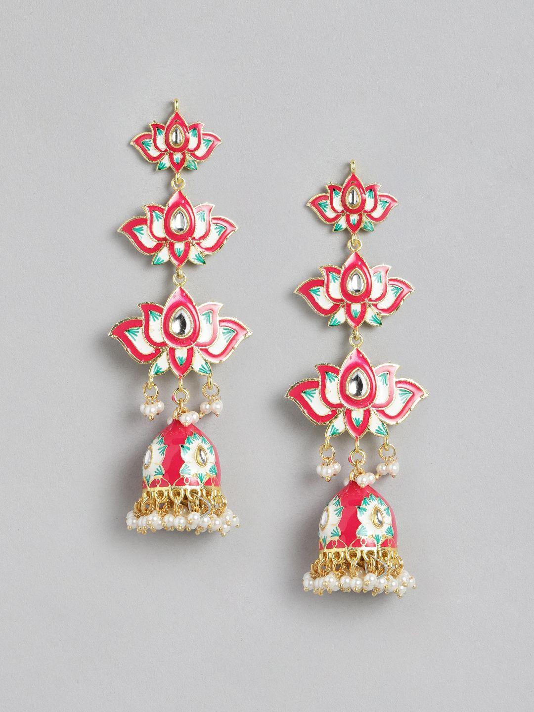 golden peacock pink & gold-toned floral drop earrings