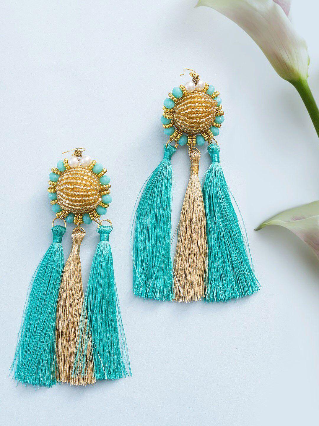golden peacock sea green & gold-toned contemporary tassel earrings