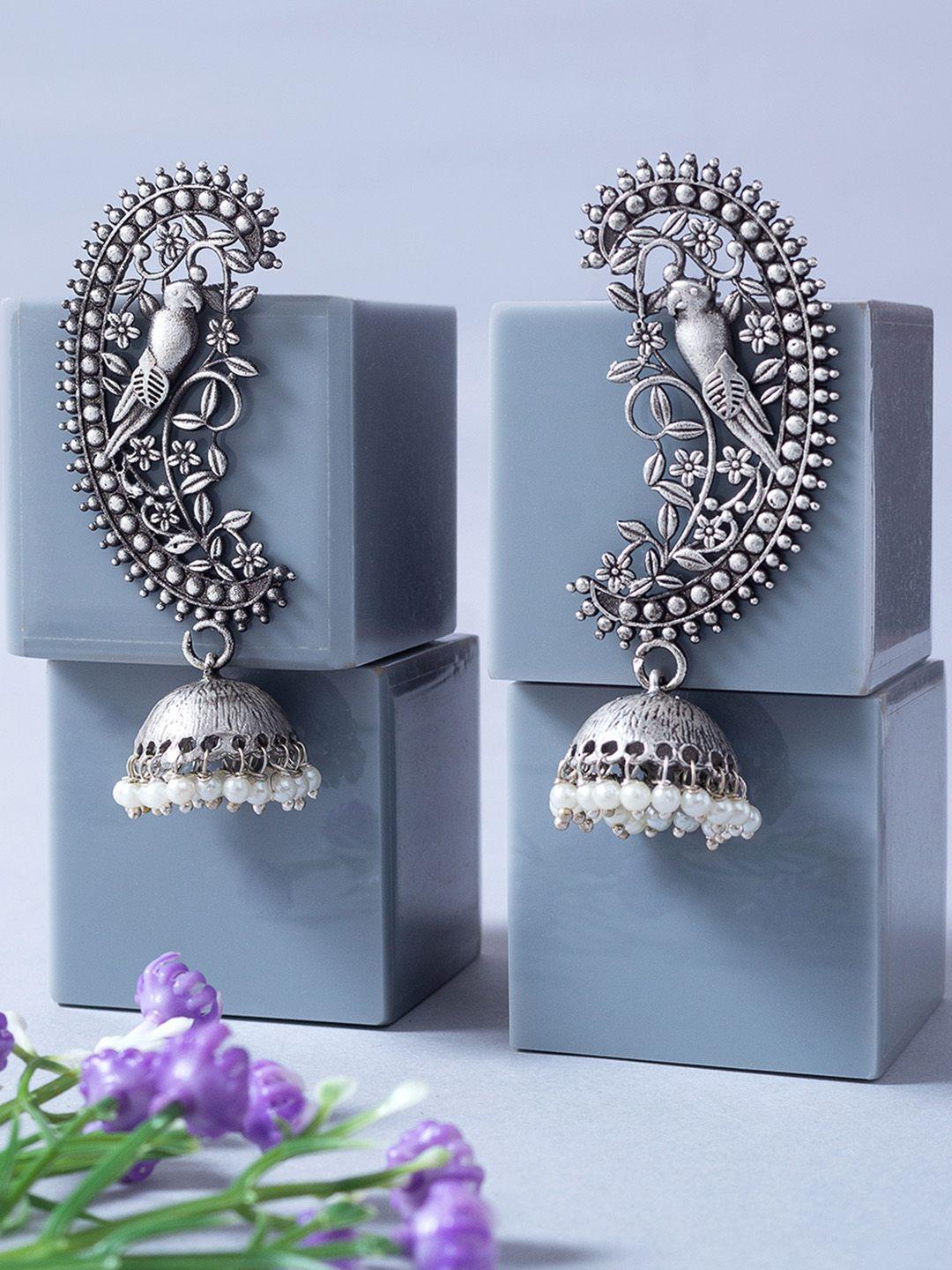 golden peacock silver-toned & white quirky jhumkas earrings