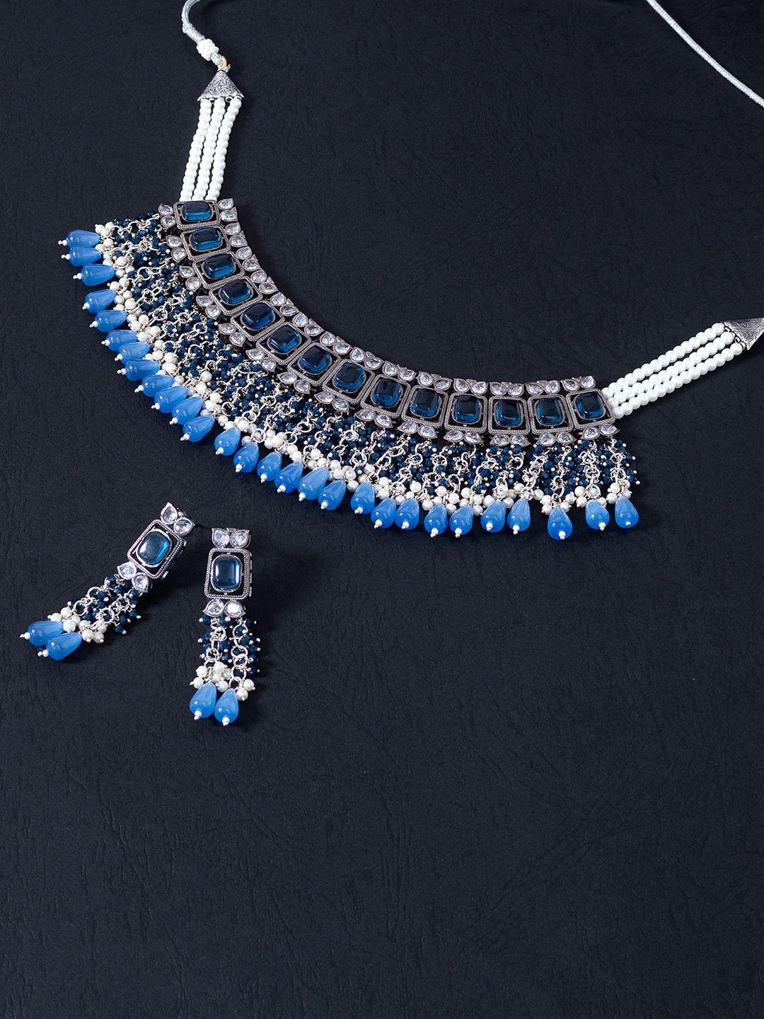 golden peacock silver-toned navy blue kundan-studded handcrafted choker jewellery set