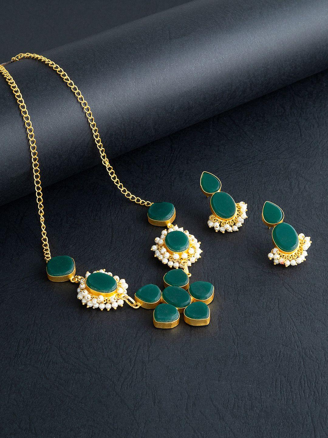 golden peacock women green & gold-toned pearl studded jewellery set