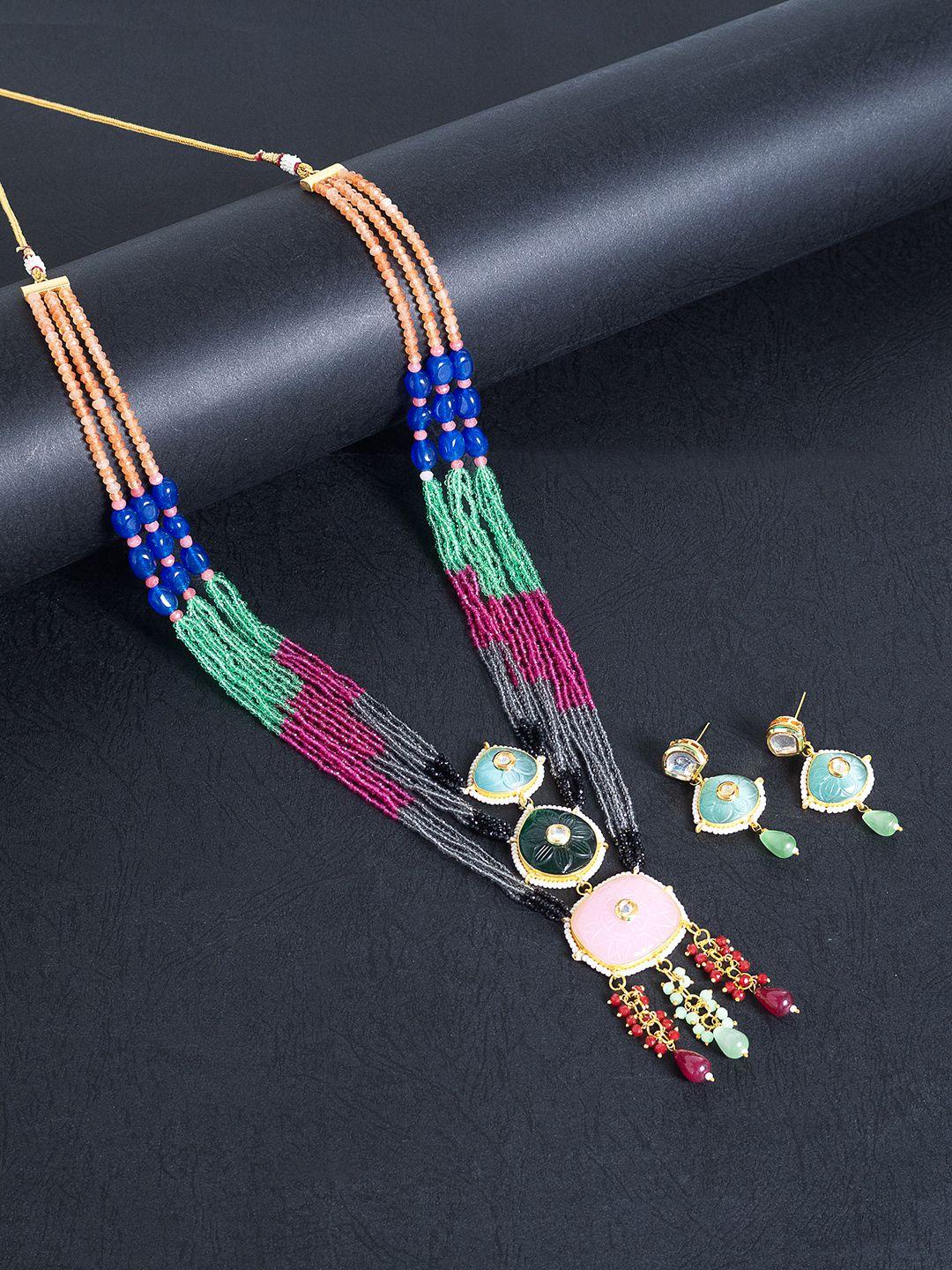 golden peacock women multicoloured beaded layered necklace & earrings