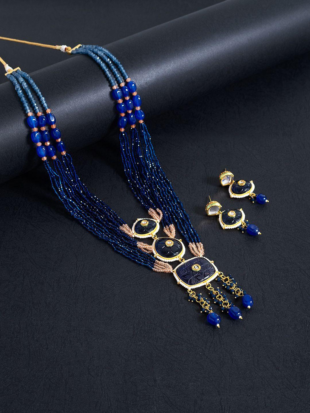 golden peacock women navy blue & pink beaded layered necklace & earrings