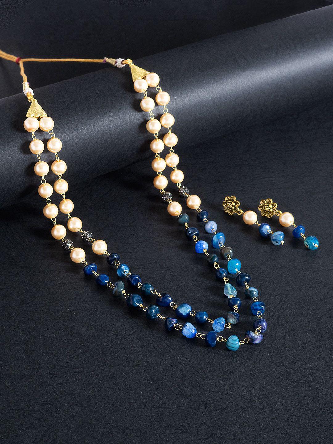 golden peacock women off-white & navy blue beaded layered necklace & earrings