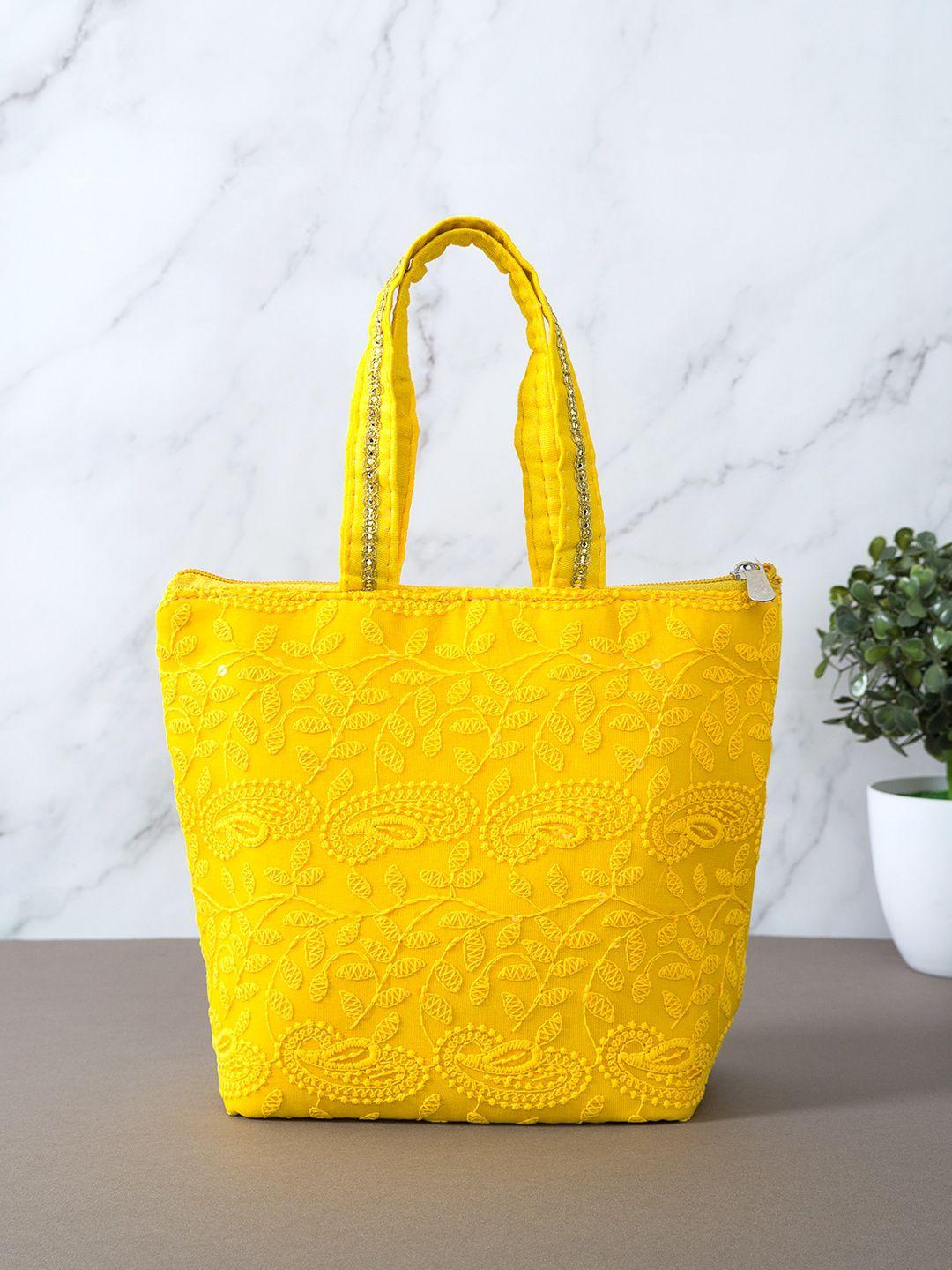 golden peacock yellow embroidered shopper tote bag