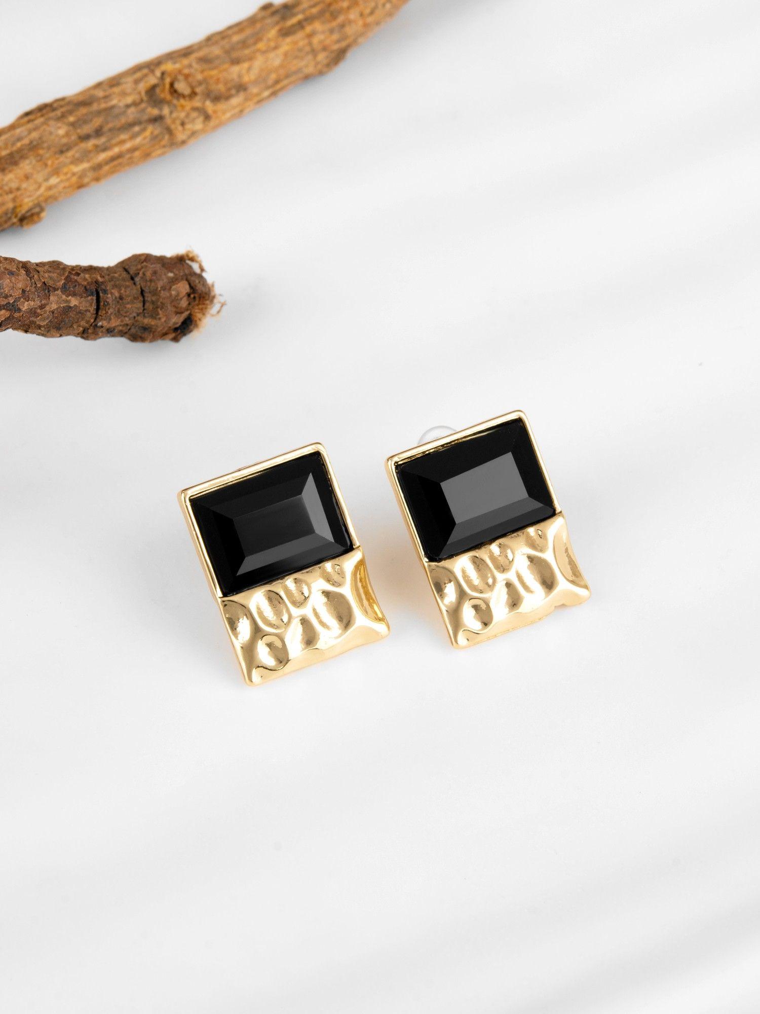 golden plated stone embellished contemporary stud earrings