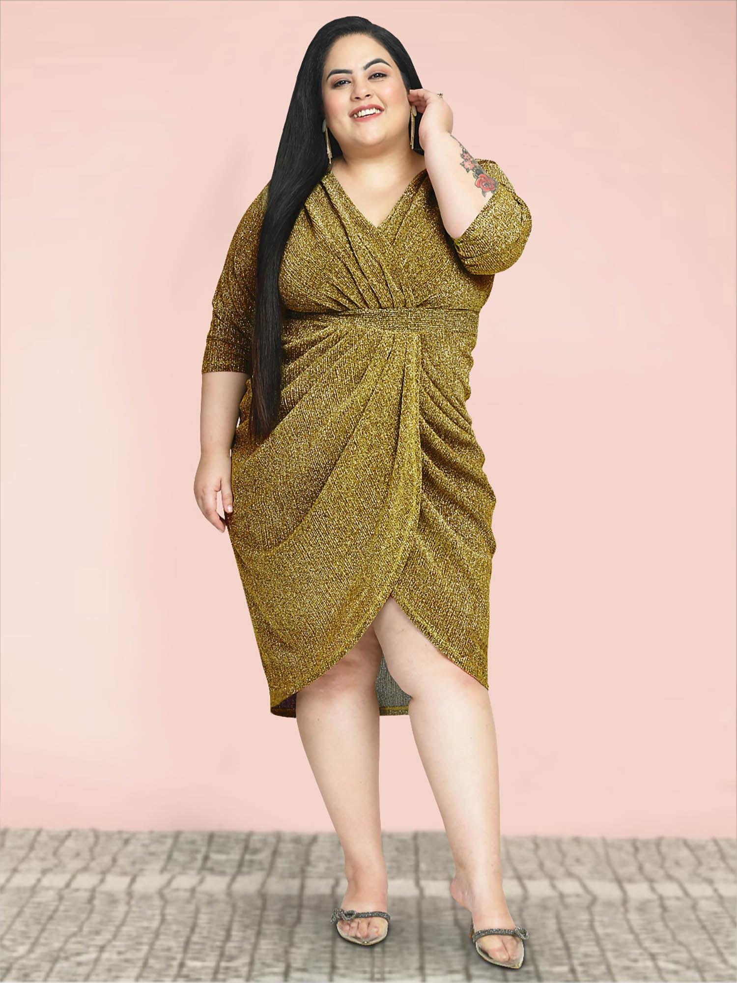 golden plus size pleated drape curve dress