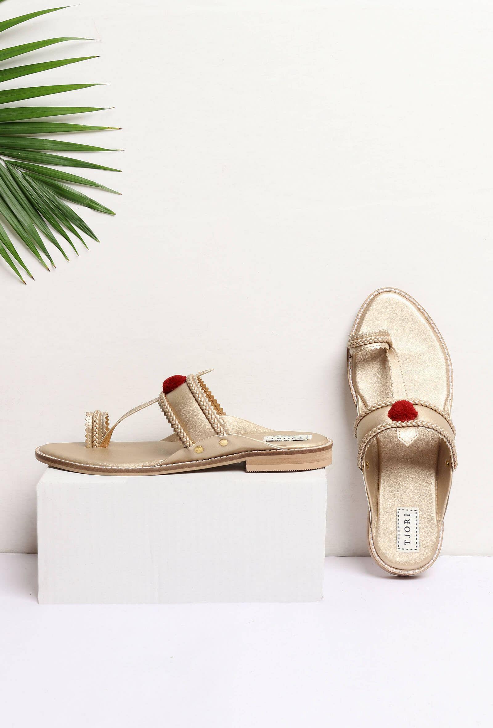 golden pom pom sandals