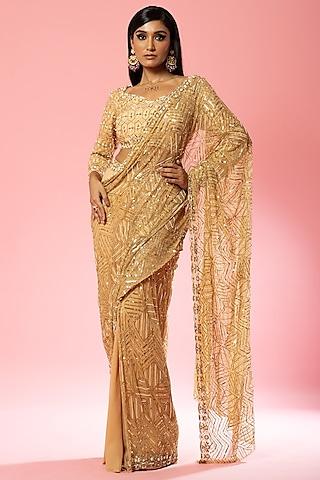 golden pure georgette & net hand embroidered pre- stitched saree set