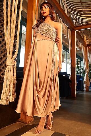 golden pure satin pearl embroidered one-shoulder draped dress