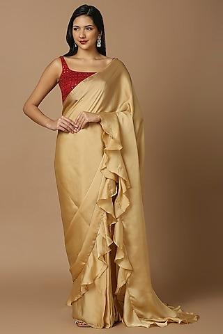 golden satin pre-draped saree