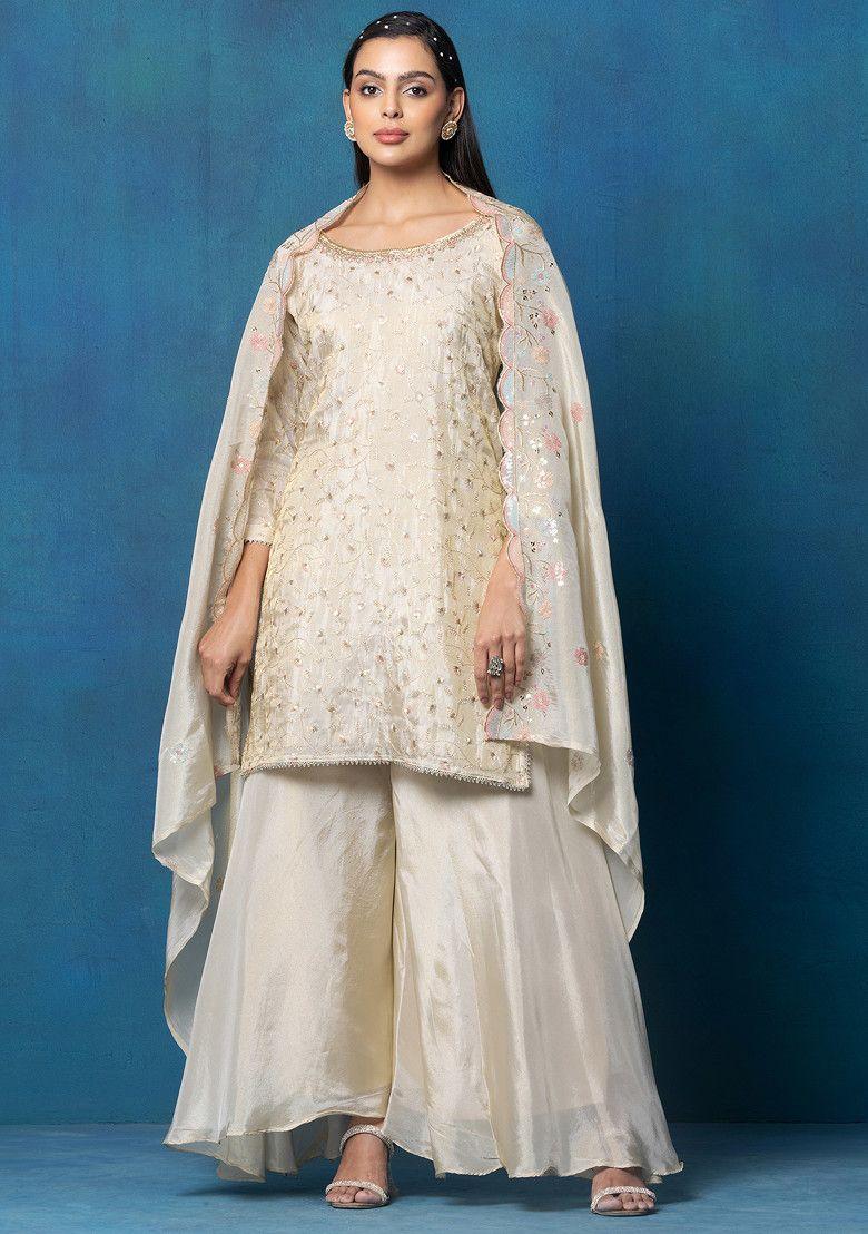 golden sharara set with floral zari hand embroidered kurta and dupatta