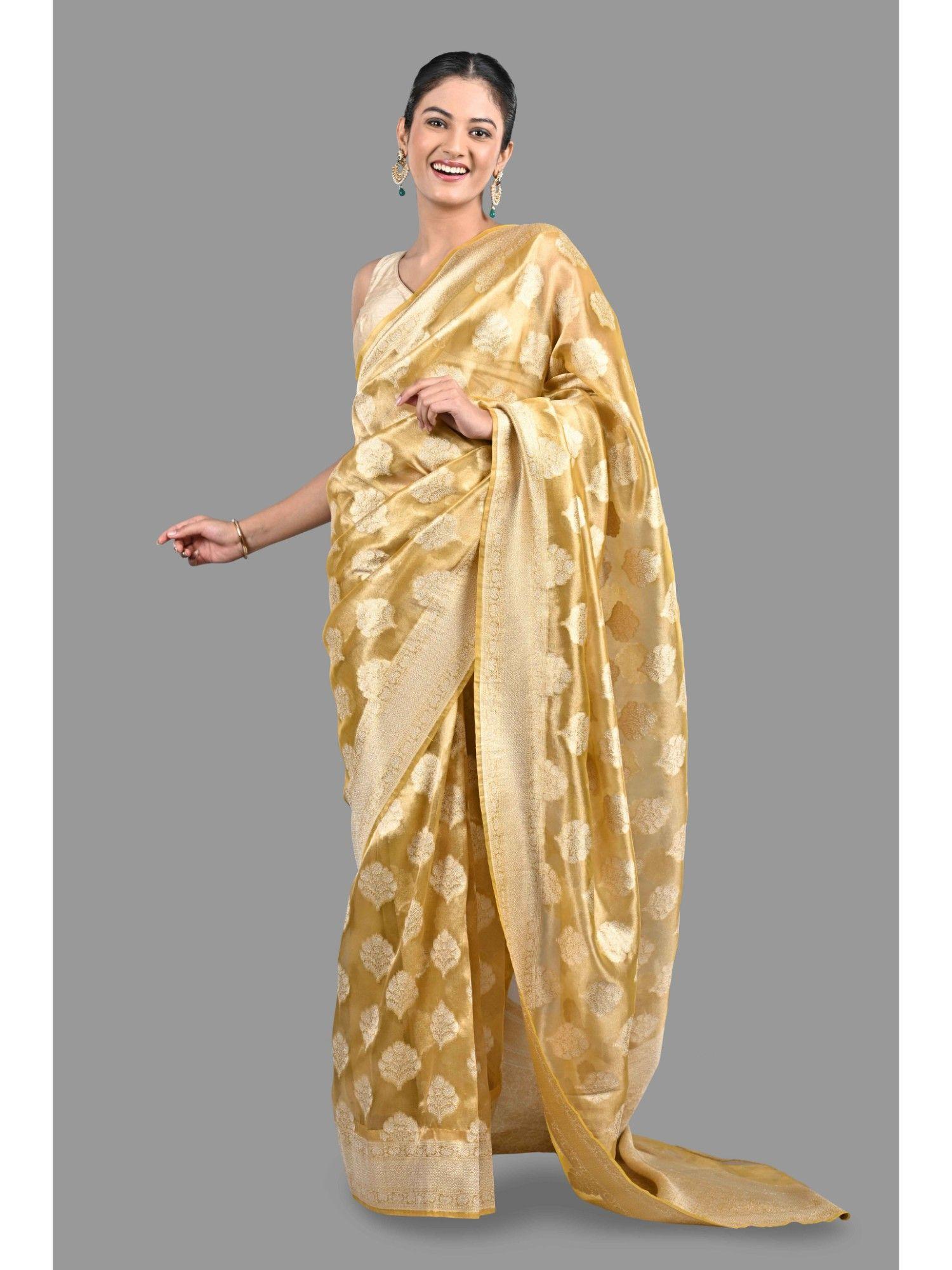 golden silk banarasi zari handloom saree with unstitched blouse