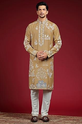 golden silk blend jaal embroidered kurta set