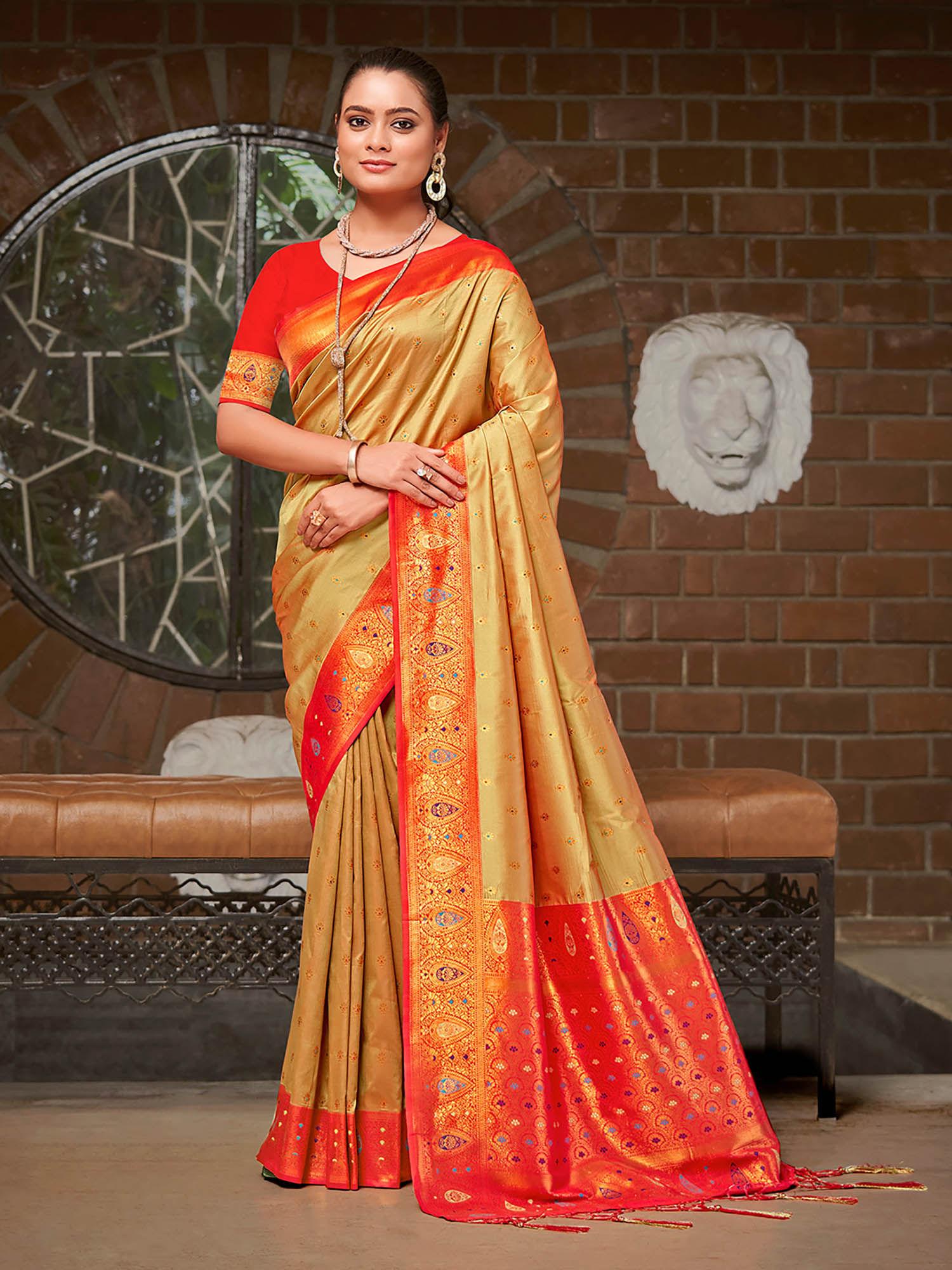 golden silk woven work traditional saree with unstitched blouse