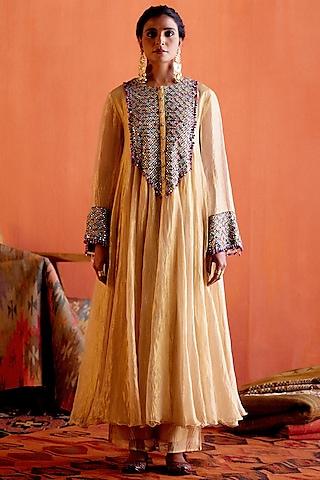 golden tissue hand embroidered anarkali set