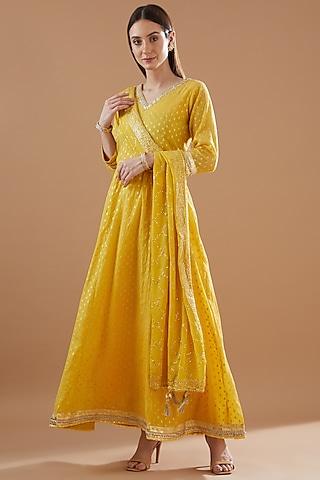 golden yellow chanderi embroidered anarkali set