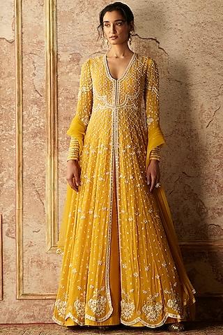 golden yellow embroidered anarkali with dupatta