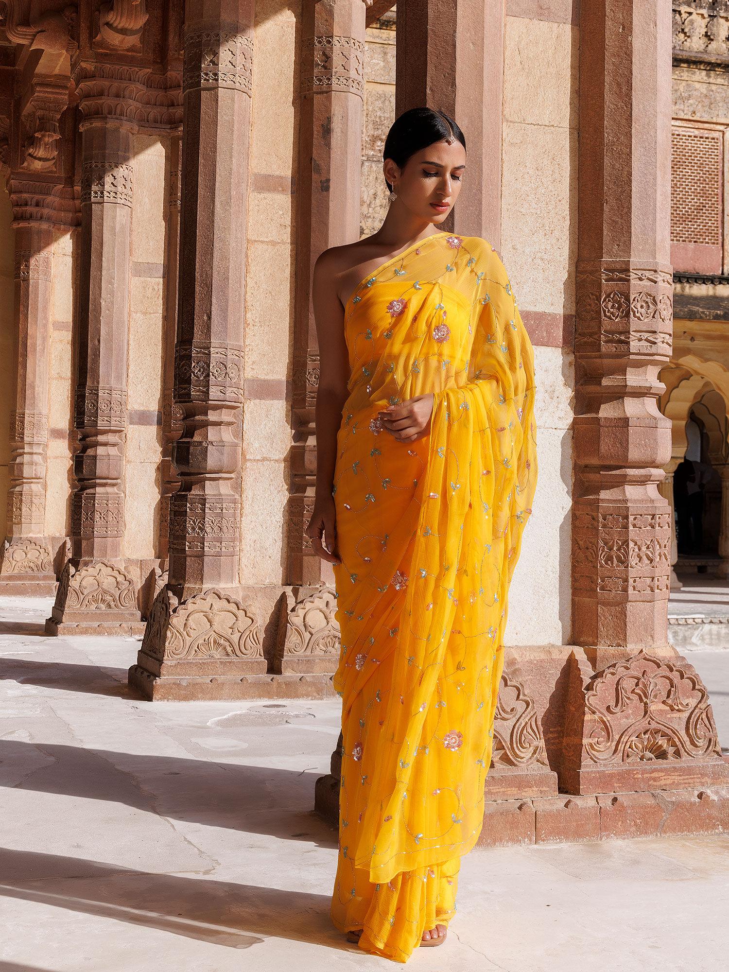 golden yellow hand embroidered sequins-tube jaal chiffon saree