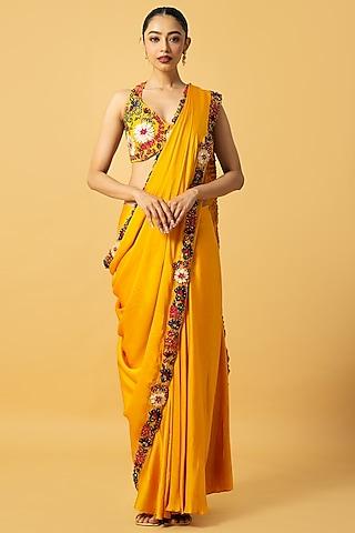 golden yellow modal satin multi-colored 3d embroidered saree set