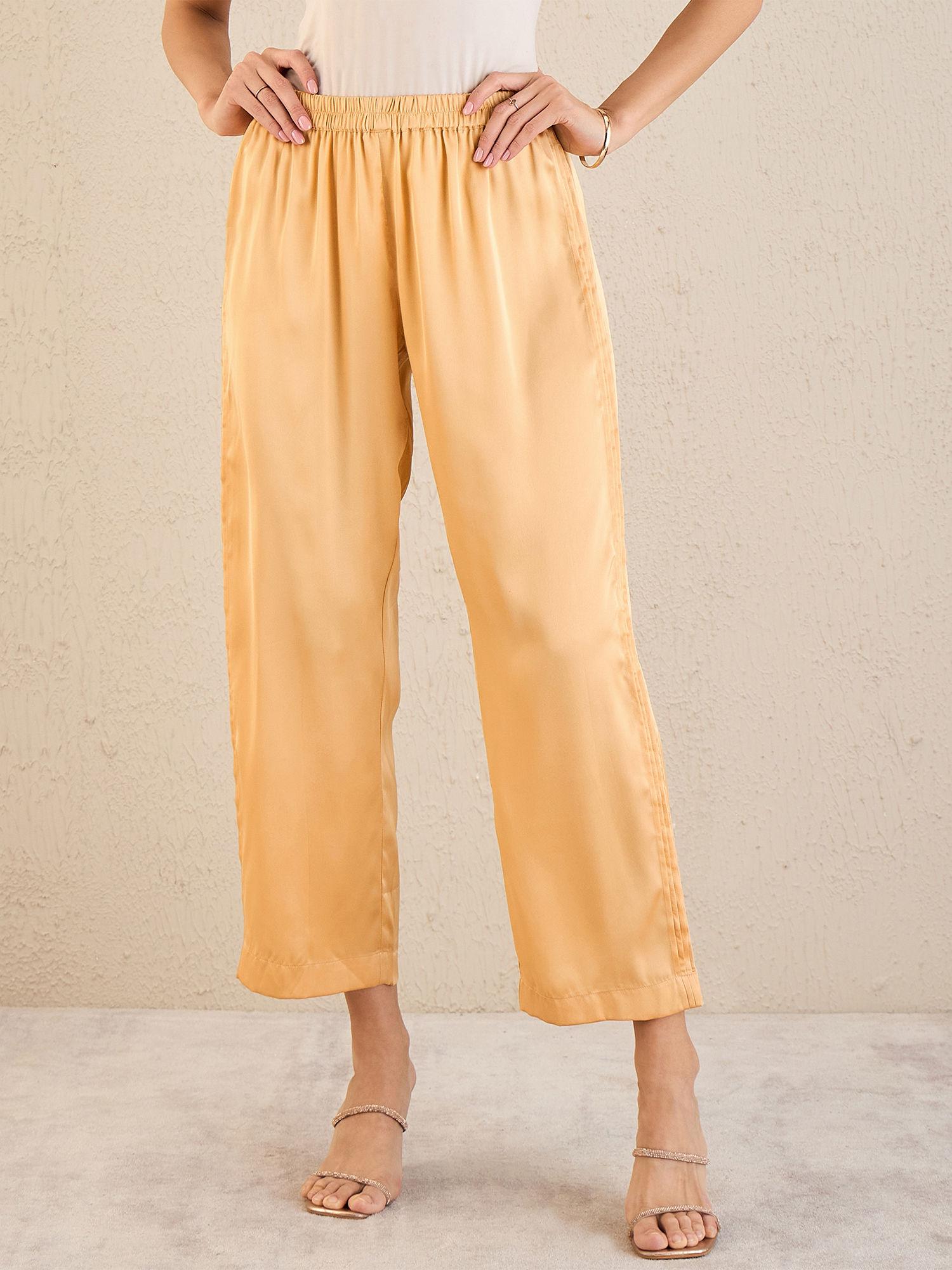 golden yellow pintucked straight satin pant