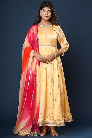 golden yellow satin anarkali set