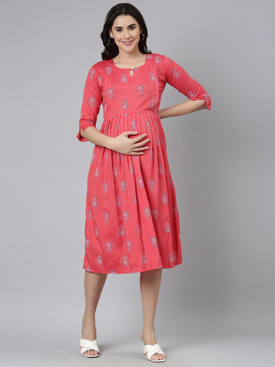 goldstroms ethnic motifs printed key-hole neck maternity fit & flared midi dress