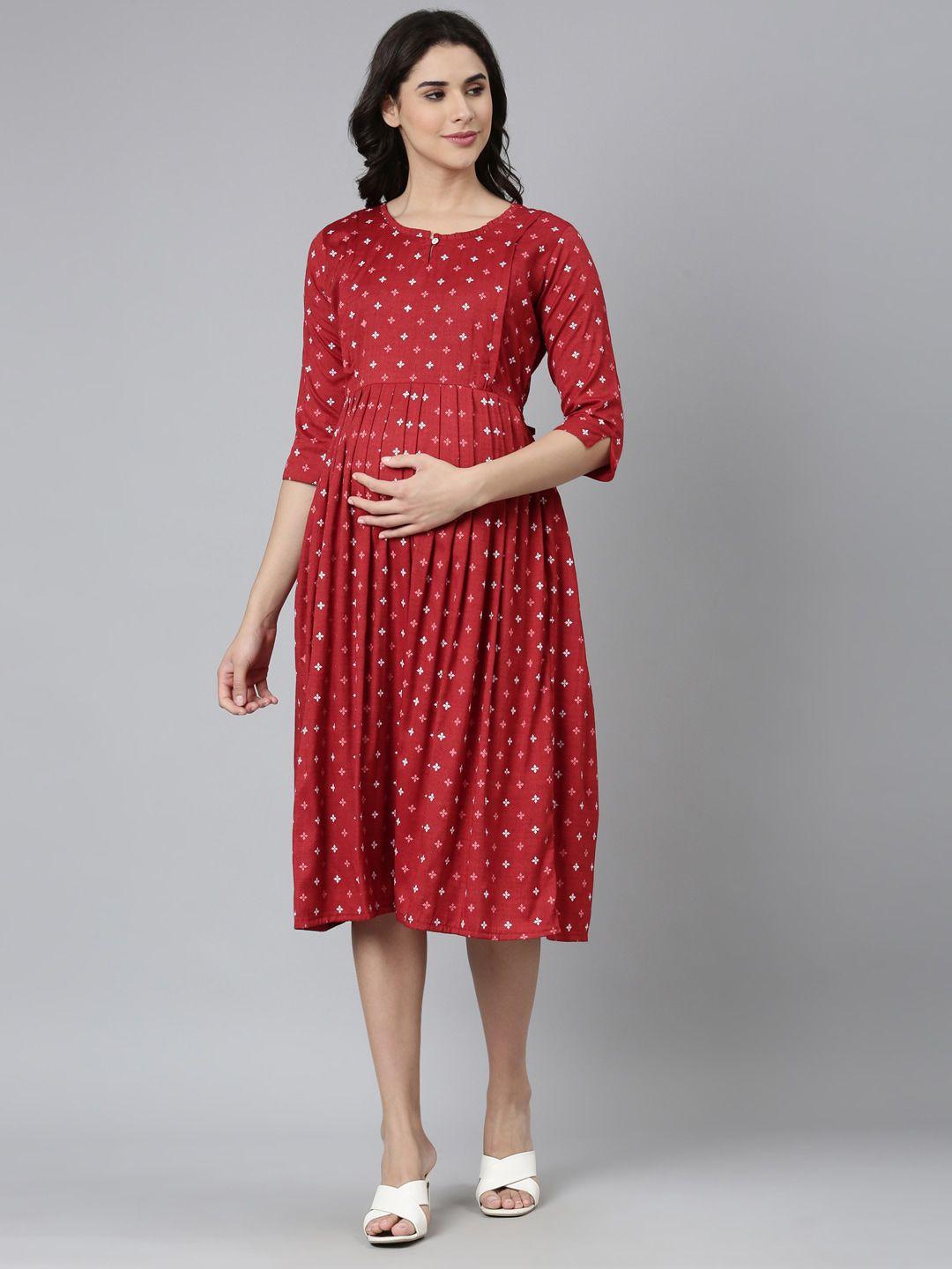 goldstroms ethnic motifs printed keyhole neck pleated fit & flare maternity dress