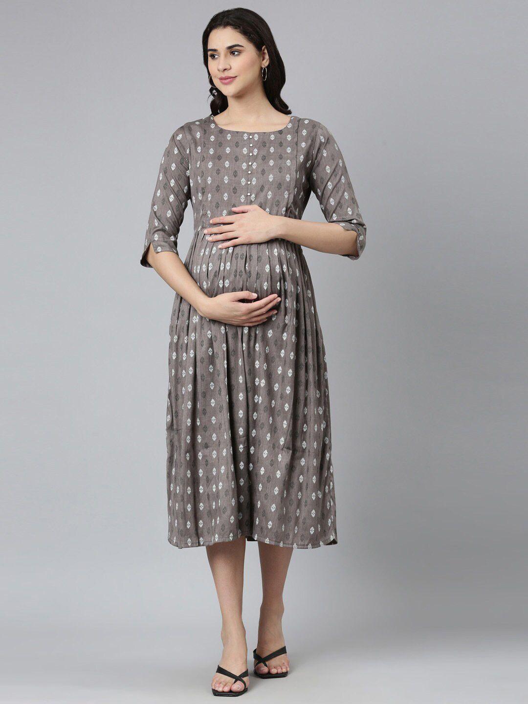 goldstroms ethnic motifs printed pleated maternity fit & flare midi dress