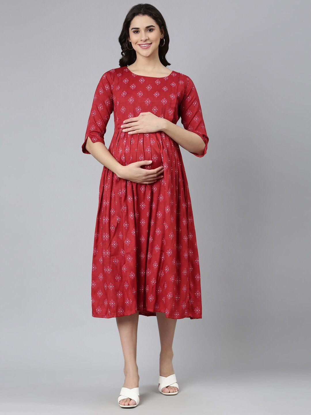 goldstroms ethnic motifs printed pleated maternity fit & flared midi dress