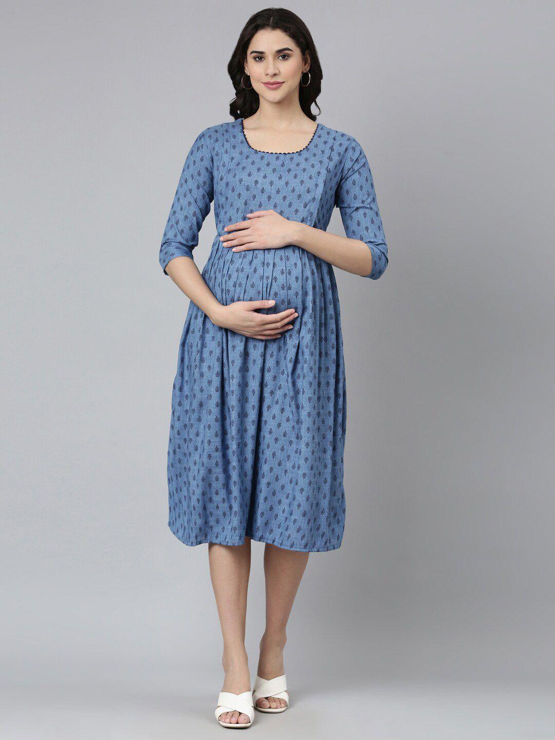 goldstroms ethnic motifs printed round neck gathered fit & flare maternity dress