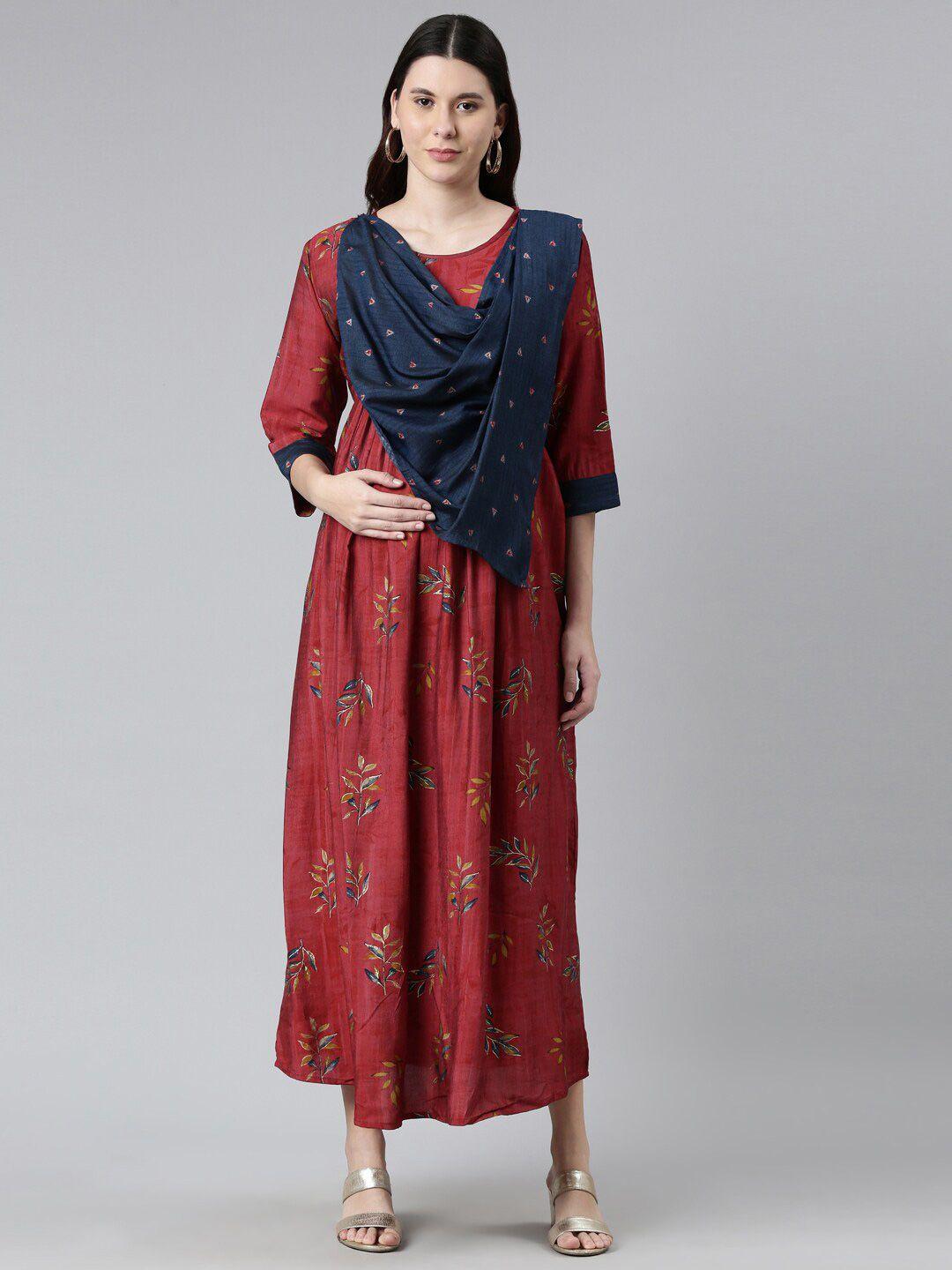 goldstroms ethnic motifs printed round neck gathered maternity a-line ethnic dress