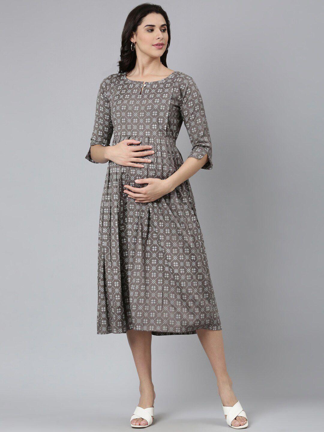 goldstroms geometric printed keyhole neck pleated fit & flare maternity dress