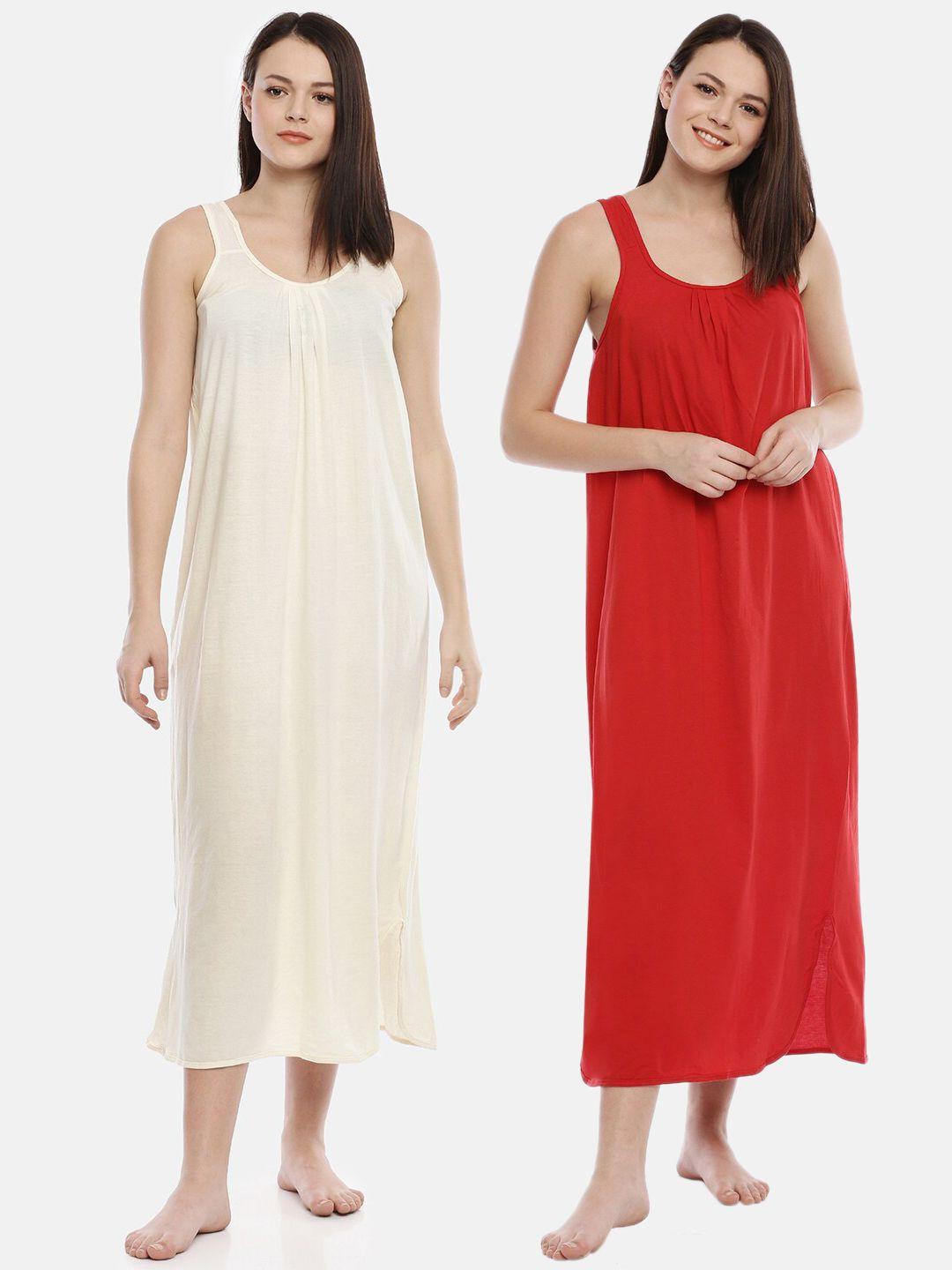 goldstroms pack of 2 cream & red sleeveless cotton nightdress